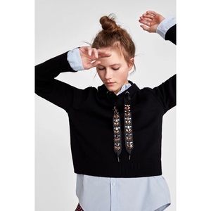 Zara black cropped knit hoodie with embroidered strings
